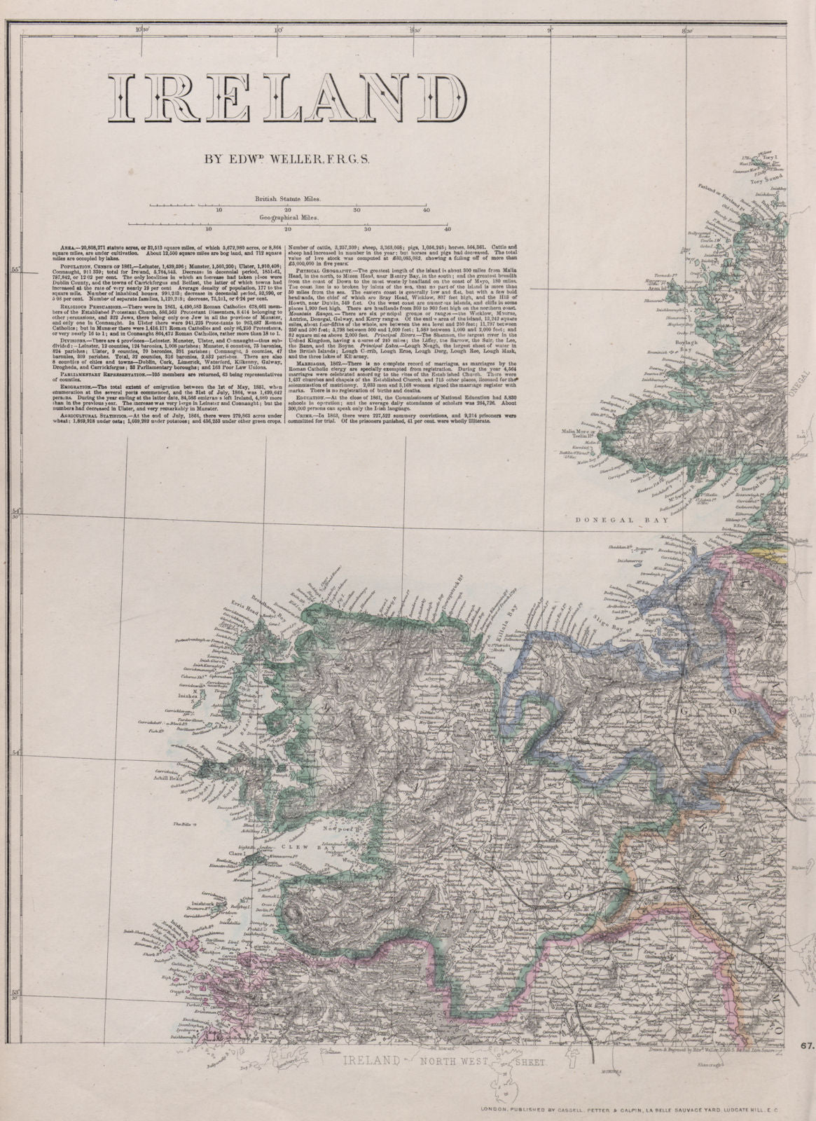 IRELAND NORTH WEST Mayo Sligo Donegal Connacht. WELLER. Dispatch atlas 1868 map